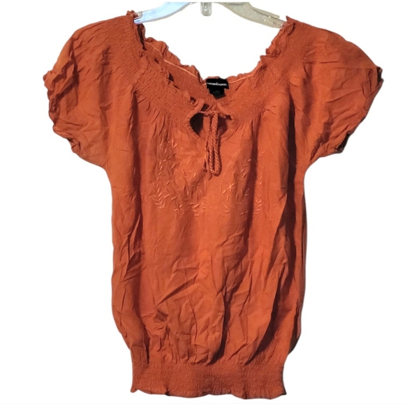 Cotton Express Coral Peasant Smocked Keyhole Front Blouse Size Medium - Picture 1 of 9